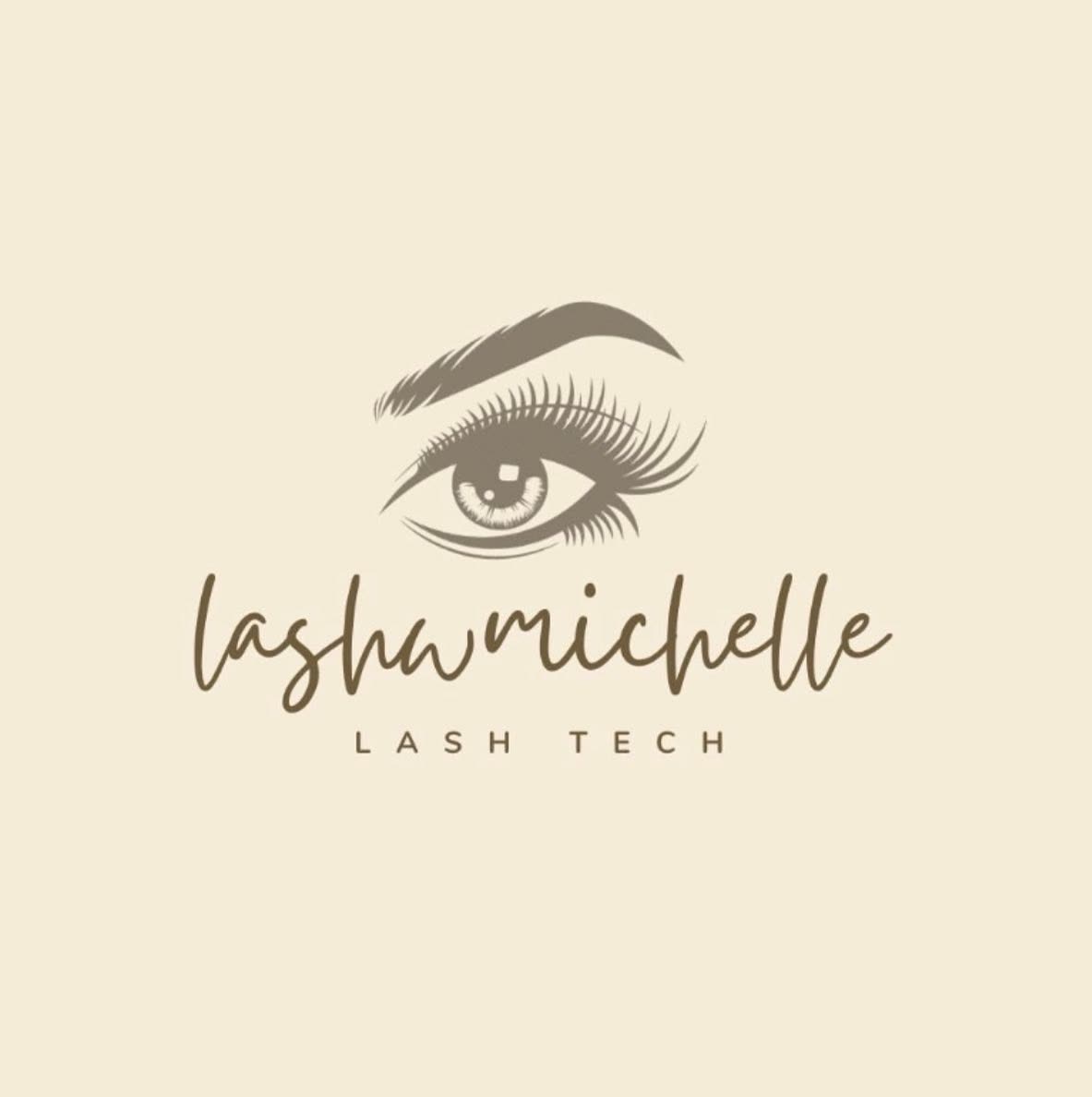 The lashwmichelle lash tech logo: a line-drawn eye with long lashes
